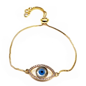 Detail of gold evil eye bracelet with micro-pave zircon and adjustable sliding clasp