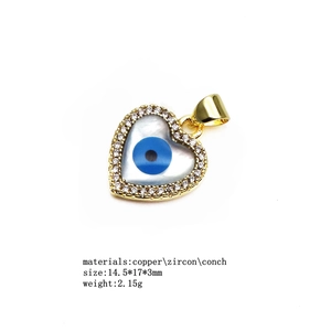 Macro shot of evil eye heart pendant with zircon and conch showing size and weight specs
