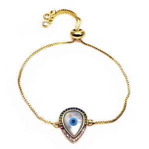 Detail of adjustable evil eye bracelet with colorful cubic zirconia and gold slider clasp