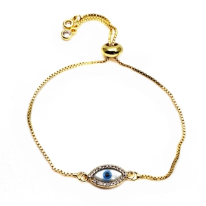 Detailed view of gold Evil Eye bracelet with zircon pave and adjustable slider chain