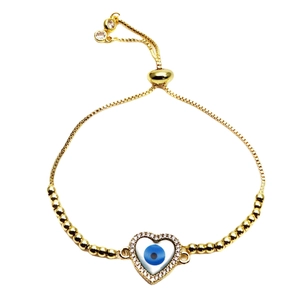 Adjustable gold evil eye heart bracelet with micro-paved zircons and drawstring bead chain