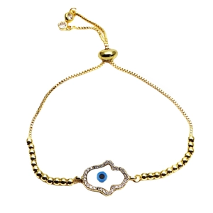 Adjustable golden Hamsa Hand bracelet with evil eye zircon pendant and slider bead