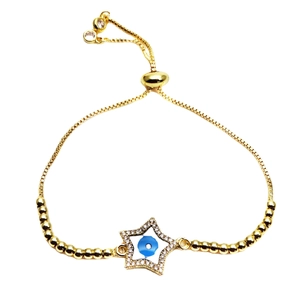 Gold evil eye star bracelet with zirconia and adjustable slider chain on white background