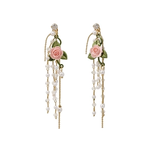 Elegant French style pink rose tassel earrings with white pearls and sparkling zircon