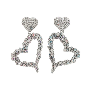 Elegant oversized silver heart earrings encrusted with sparkling iridescent rhinestones