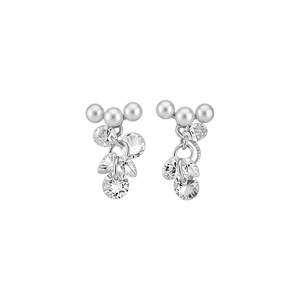 Elegant French style silver earrings featuring white pearls and dangling zirconia crystals