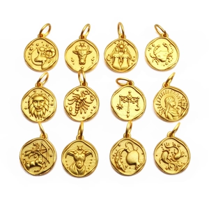 12 Signos del Zodiaco Colgantes de Cobre Moneda Amuletos en Relieve para DIY Joyería Collar Pulsera Minimalista Dorado