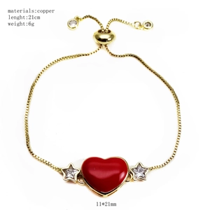 Adjustable gold plated box chain bracelet with red enamel heart and star zircons