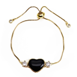 Adjustable gold plated box chain bracelet with black heart and zircon star accents