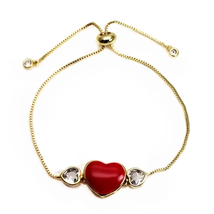 Adjustable gold plated box chain bracelet with red heart pendant and cubic zirconia