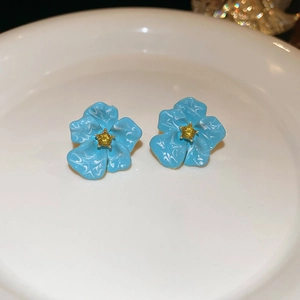 Vintage Blue Flower Stud Earrings Enamel Alloy Rhinestone With Silver Earring Post French Sweet Style For Women