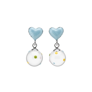 Elegant light blue heart stud earrings featuring colorful polka dot bead drops on white background