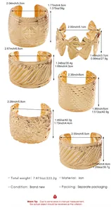 Size chart showing six gold textured cuff bracelets with diameter and weight details