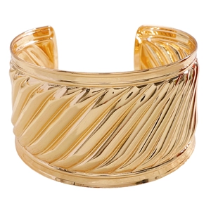 Modern wide gold bangle featuring a textured slanted pleated design and open adjustable cuff