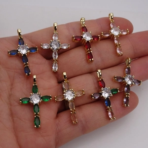 Copper micro-paved cross pendant set with colorful zirconia stones in golden finish