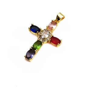Pendentif croix en cuivre doré avec zircons colorés pour la création de bijoux DIY