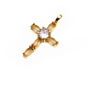 Detailed view of a gold-plated cross pendant with multicolored marquise zircon stones