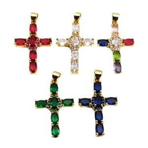 Pendentif Croix en Cuivre Micro Incrusté Zircon Plaqué Or Zircone Colorée Ovale DIY Accessoires Bijoux Pendentif Seul
