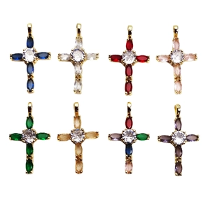 Micro Pave Zircon Cross Pendant For Jewelry Making Gold Plated Copper Colorful Zirconia Charm Religious DIY Pendant Only