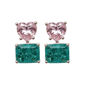 Exquisite zircon heart square stud earrings with pink and teal stones in silver finish