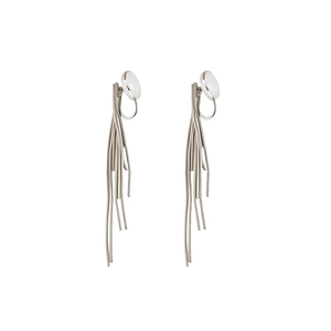Elegant long silver tassel drop earrings with white round stud detailing for modern women