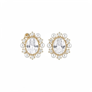 Eleganti orecchini a clip ovali in zircone placcato oro 14k con bordo di perle fini