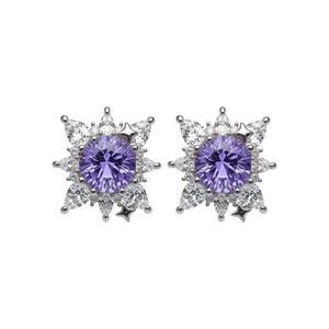 Sparkling purple round zirconia flower ear clips for non-pierced ears, elegant style