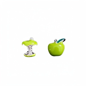 Cute asymmetric green apple and apple core stud earrings with silver needles for women