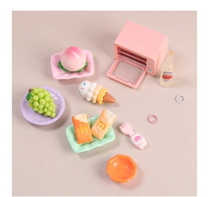 Miniature dollhouse food set with toy oven, fruits, and tiny tableware accessories