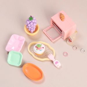 Miniature resin dollhouse kitchen food set with pink oven and colorful play dinnerware