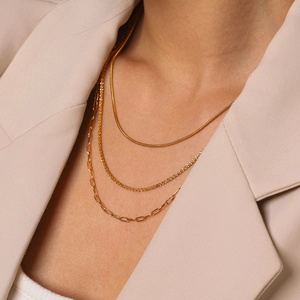Layered Stainless Steel Necklace For Women 18K Gold Plated High End Triple Row Snake Paperclip Chain Choker Fashion Jewelry