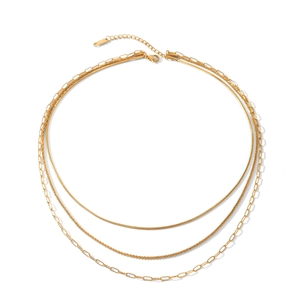Elegant 18k gold-plated stainless steel triple-layered chain necklace for women