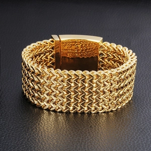Bold wide gold plated stainless steel fish scale weave bracelet for men with square clasp