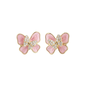 Elegant pink enamel butterfly stud earrings with rhinestones and S925 silver needles