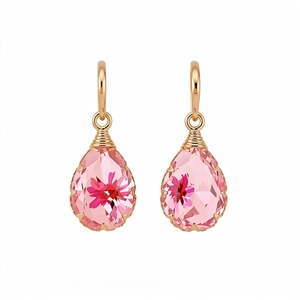 Elegant pink teardrop resin earrings with floral inclusions and polished gold hooks