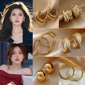 Fashion Hoop Earrings With 925 Sterling Silver Earring Post Geometric Twisted C Shape Gold Plated Alloy Jewelry For Women