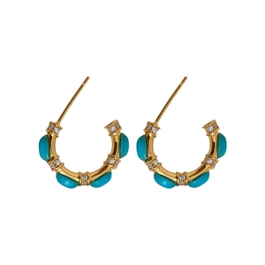Elegant 18k gold plated C-shaped hoop earrings with turquoise and sparkling zircon accents