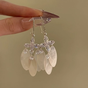 Bohemian Rhinestone Shell Tassel Drop Earrings Silver Color Steel Earring Post Vacation Jewelry For Women