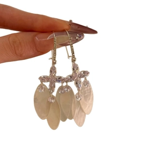 Bohemian style silver needle earrings with zircon and elegant dangling shell petals