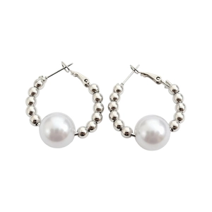Elegant silver-tone bead hoop earrings featuring a large central white faux pearl accent