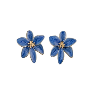 Eleganti orecchini a lobo a fiore blu con centro dorato e finitura marmorizzata