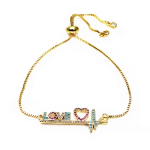 Bracciale regolabile dorato con scritta LOVE cuore e pietre di zircone colorate