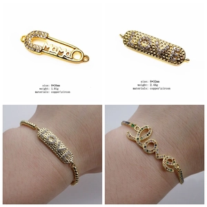 Dettaglio di connettori LOVE e MAMA in zirconia per bracciali DIY e gioielli in rame