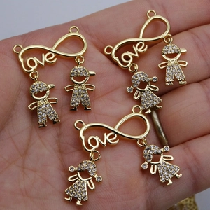 Gold-plated infinity pendant with Love lettering and micro-pave zircon boy and girl charms