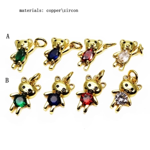 Copper plated teddy bear pendants with zircon stones in green, blue, red and clear