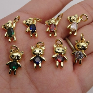 Set of eight gold micro-inlaid zircon teddy bear pendants with colorful gemstones