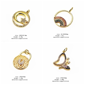 Detailed view of micro-pave zircon pendants including butterfly and moon shapes