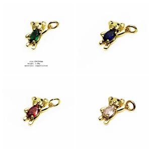 Detail view of mini zircon teddy bear charms in four colors with 10x15mm size specifications