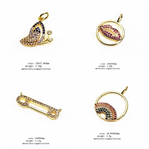 Detailed views of gold copper pendants with colorful zircon in butterfly and rainbow shapes