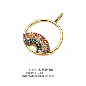 Detail of round gold-plated copper pendant with colorful rainbow zircon micro-inlays